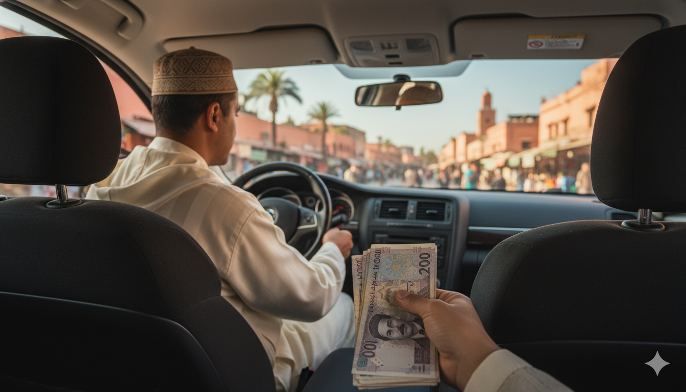 Intérieur d'un taxi marocain avec passager payant en Dirhams